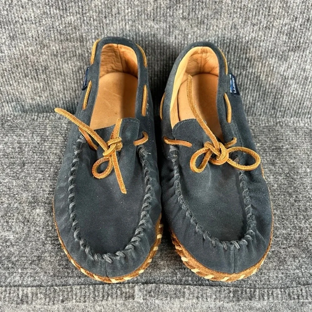 LL Bean Mens 8M Navy Suede Soft Sole Moccasin Slippers Whipstitch Blue Tan